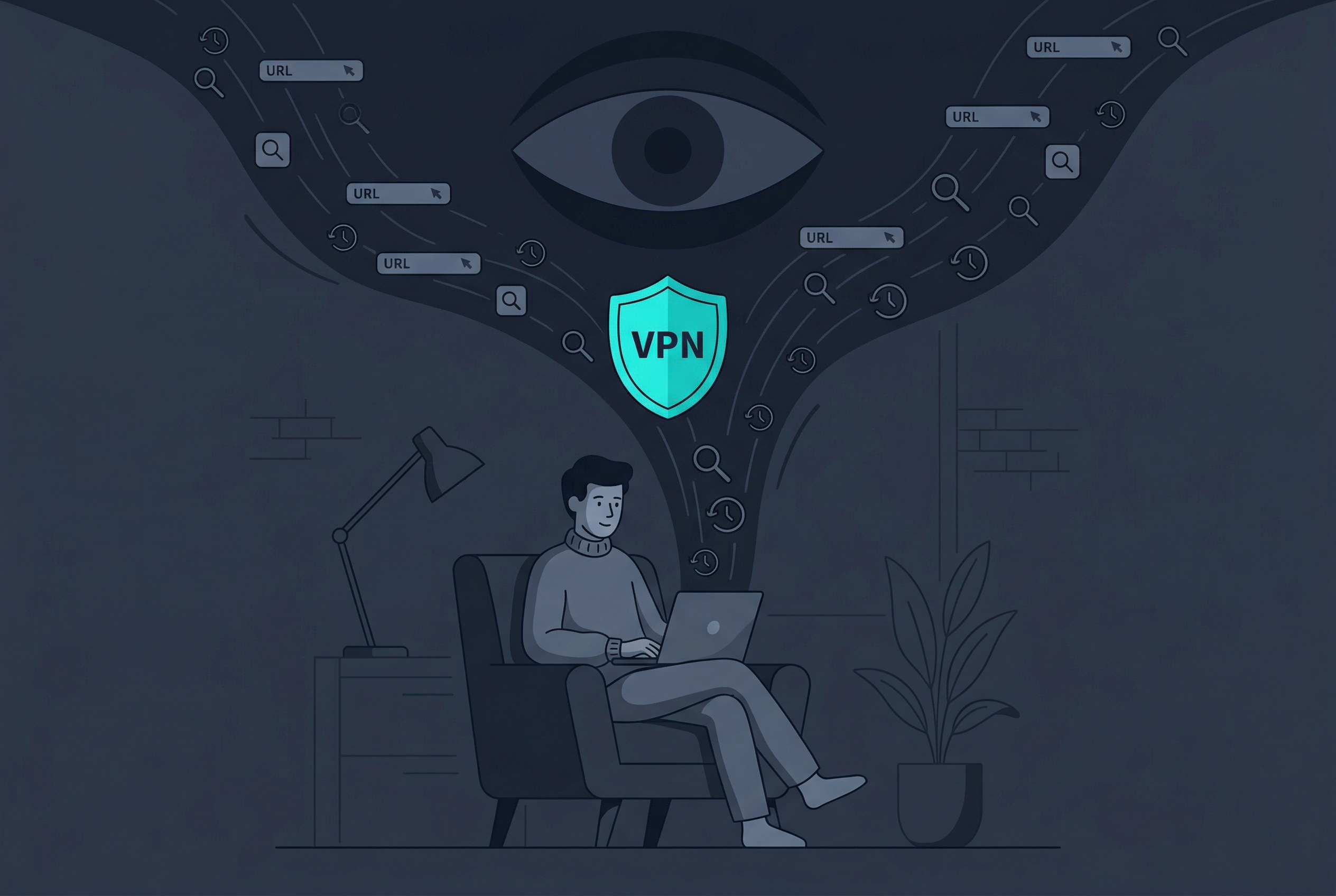 Person browsing at home with ISP surveillance eye and VPN shield