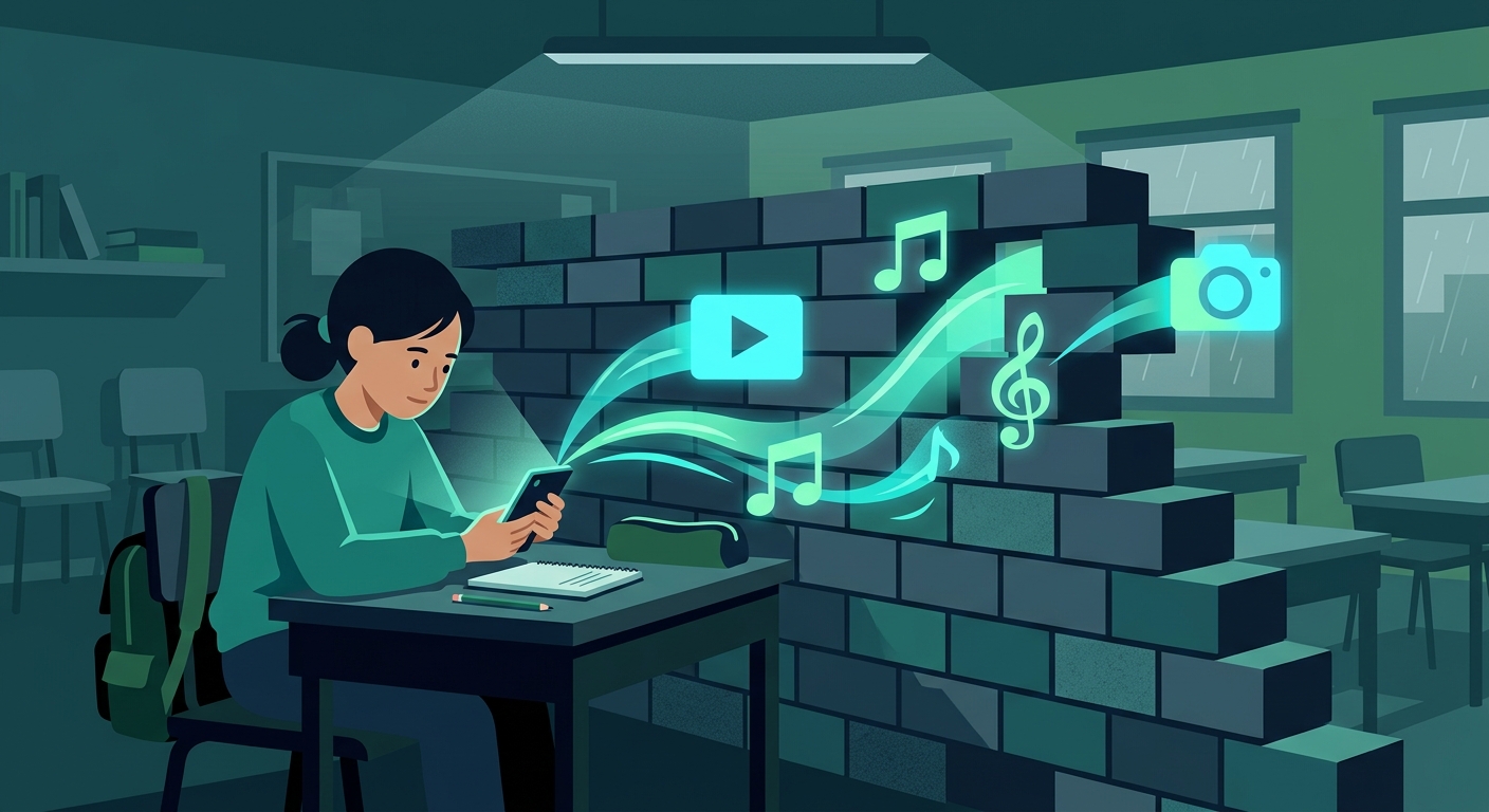 Student using smartphone at desk with glowing icons bypassing firewall barrier