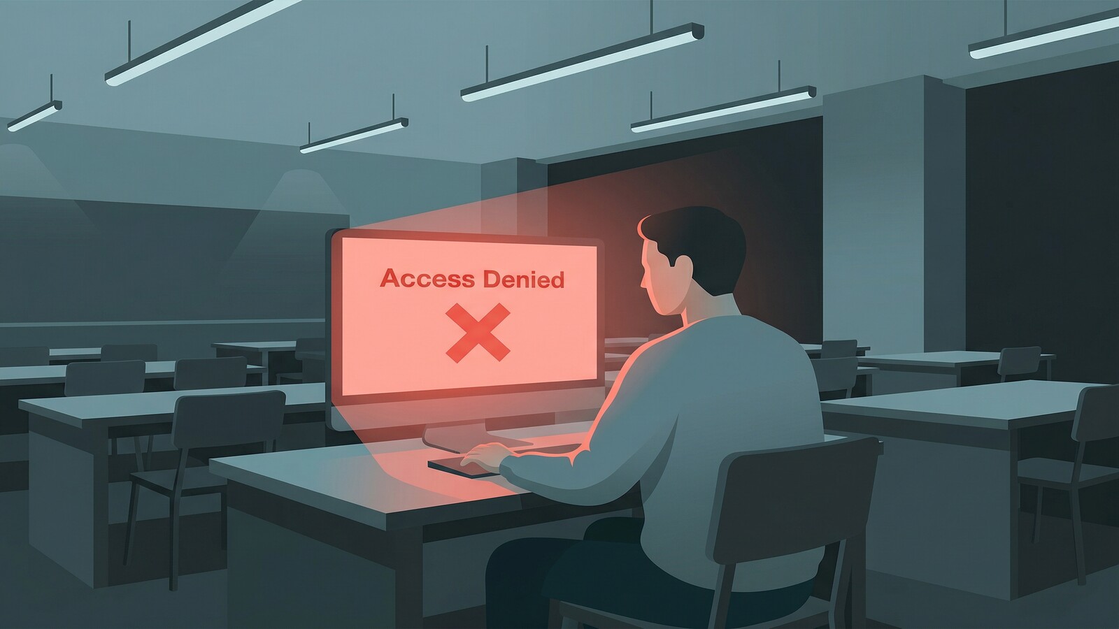 Student at desk facing blocked website screen in a dimly lit classroom